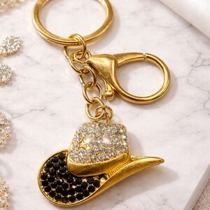 Gold Rhinestone Cowboy Hat Keychain Western Bling Purse Charm Lobster Clasp